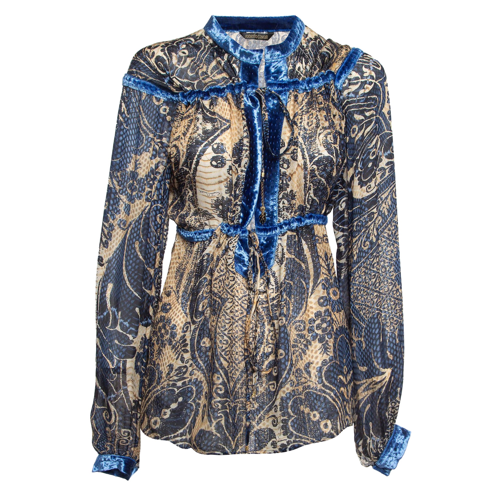 Roberto Cavalli Blue/Brown Printed Velvet Trim Silk Blouse M For Sale