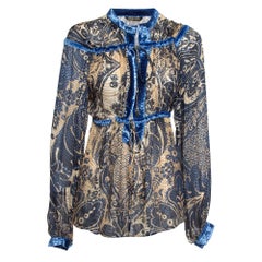 Roberto Cavalli - Chemisier en soie avec bordures en velours imprimé, bleu/marron M.