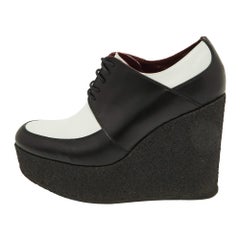 Celine Black/White Leather Wedge Platform Lace Up Derby Size 38.5