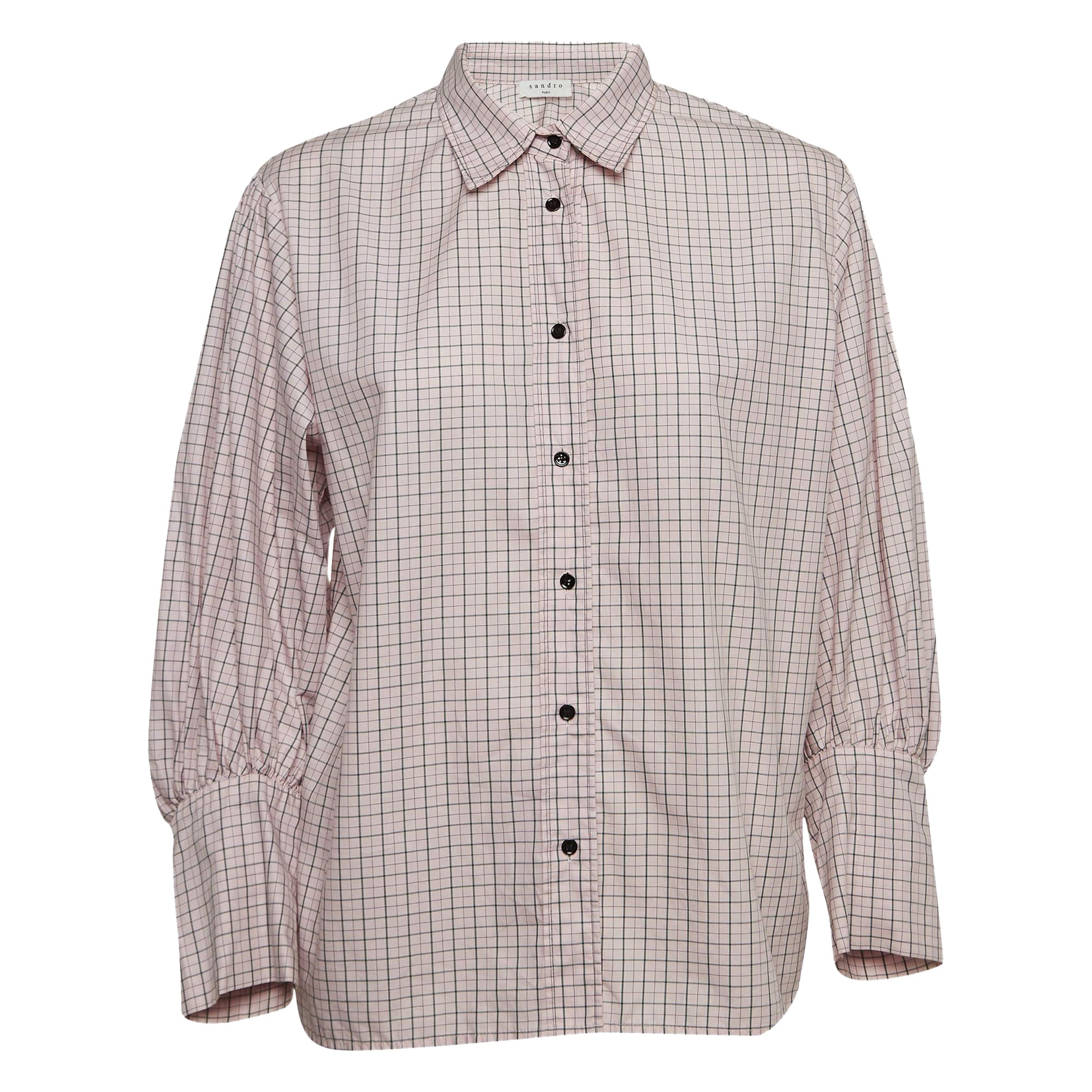 Sandro Pink Checkered Cotton Puff Sleeves Shirt L For Sale