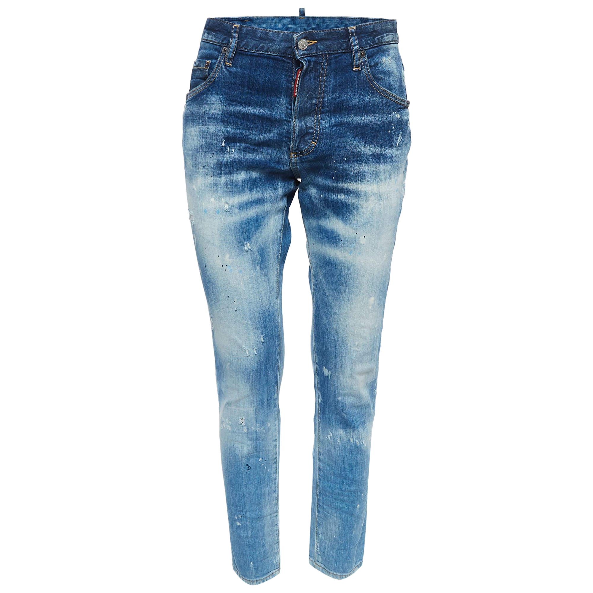 Dsquared2 Blue Washed & Distressed Denim Skinny Dan Jeans S For Sale