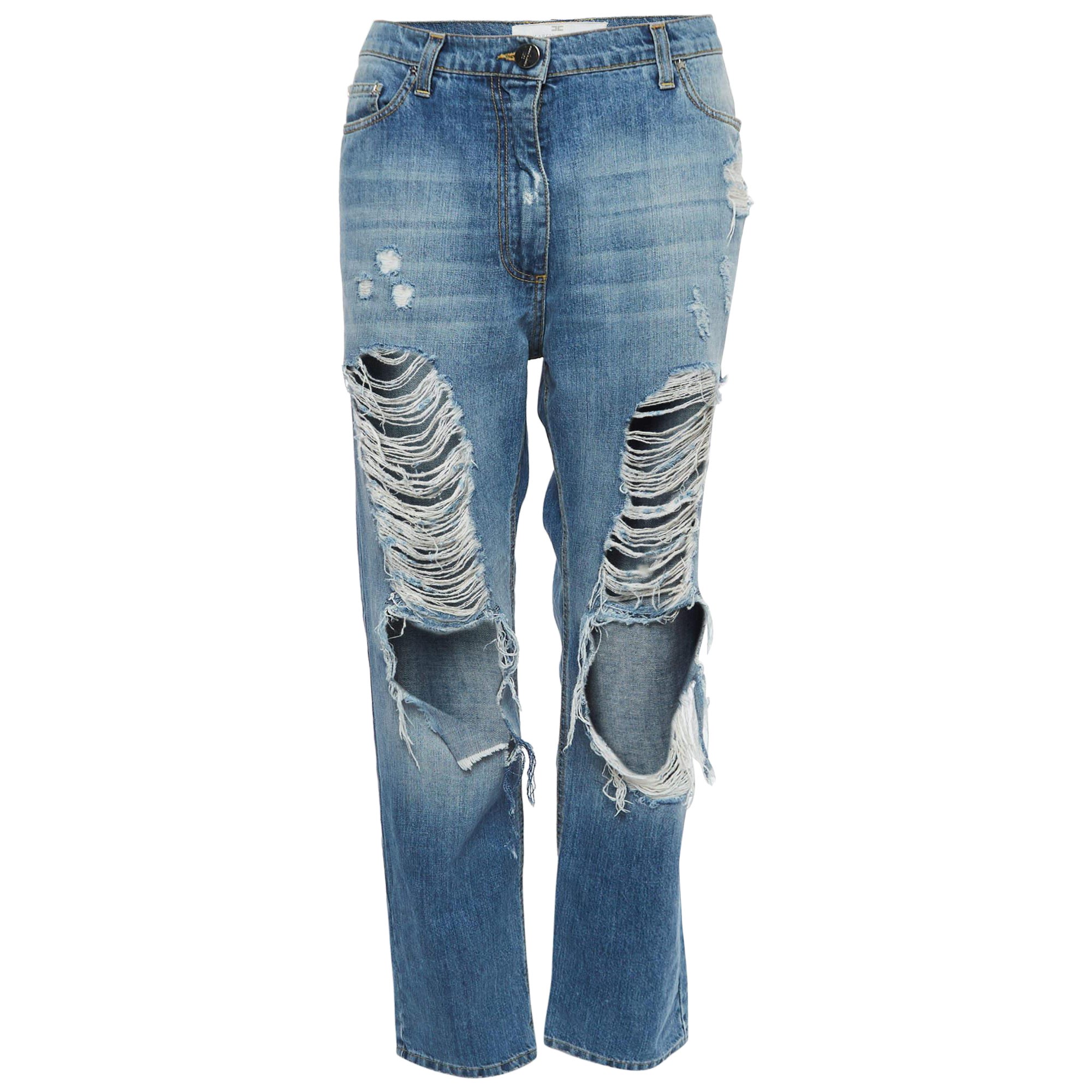 Elisabetta Franchi Blue Ripped Denim Jeans M Waist 30" For Sale
