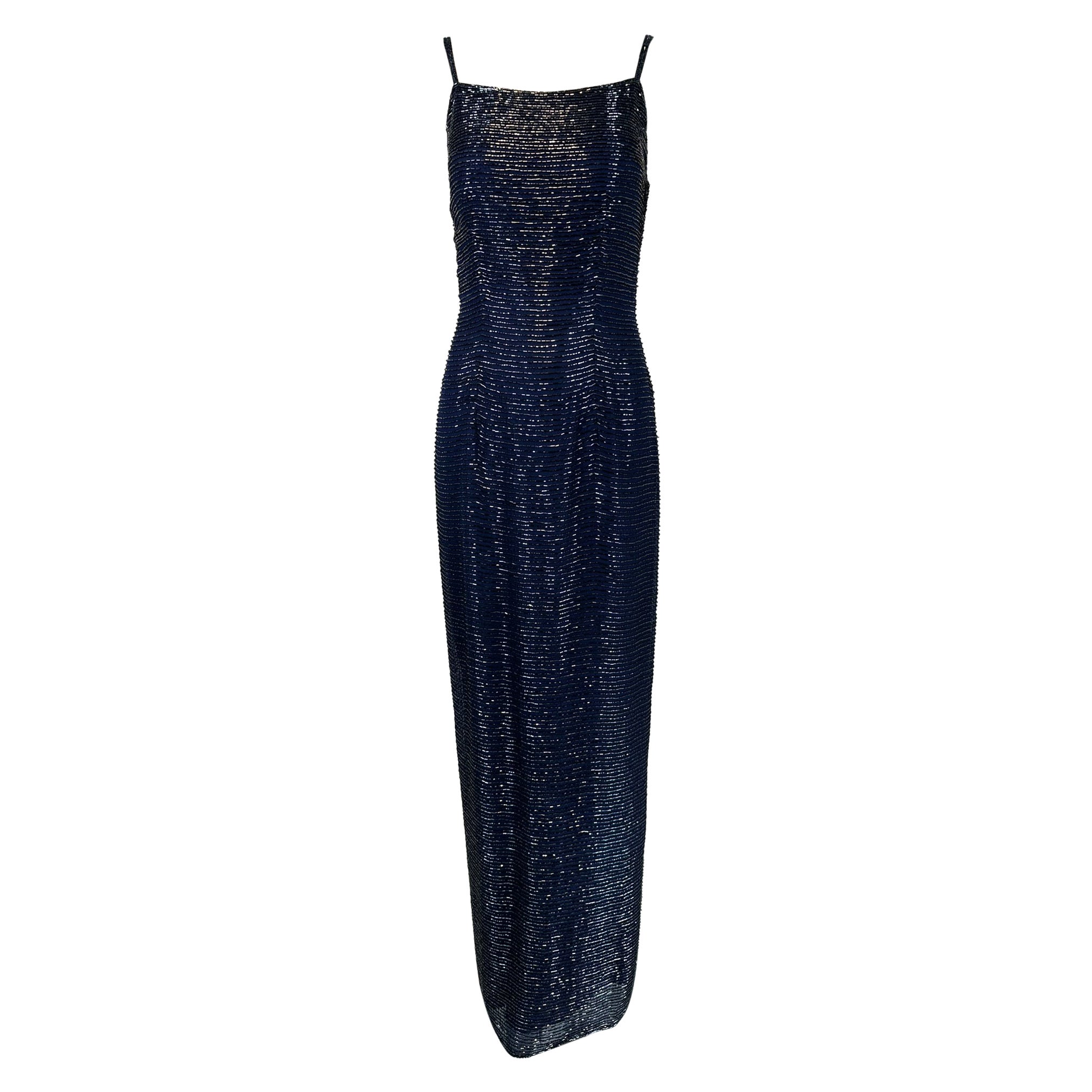 Navy Blue Glass Beaded Silk Slip Dress Evening Dress Saks 5th Ave.  XS For Sale