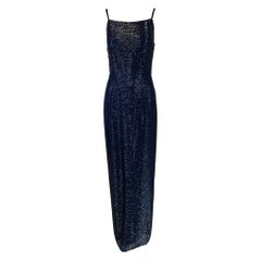 Navy Blue Glass Beaded Silk Slip Dress Evening Dress Saks 5th Ave.  XS