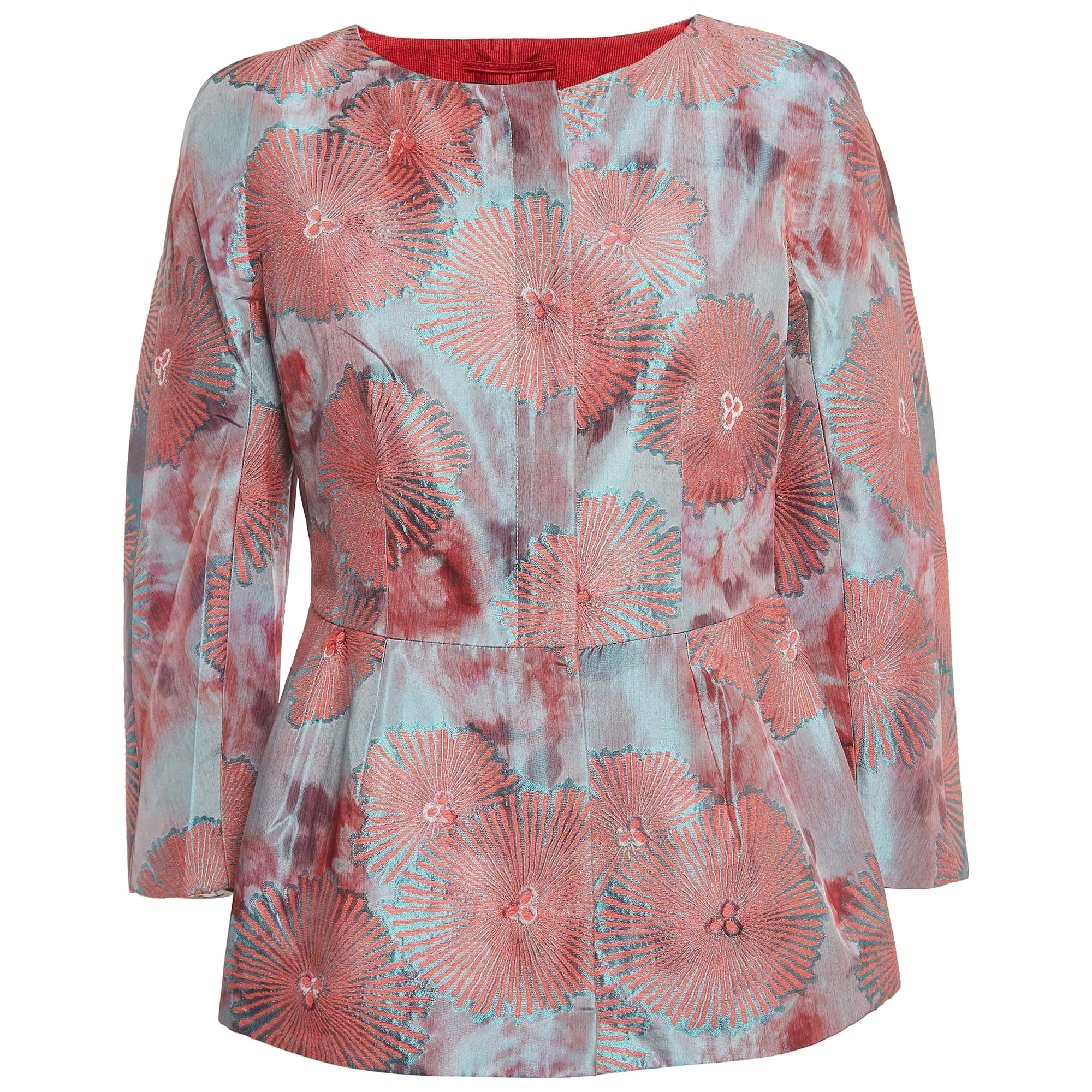 Giorgio Armani Pink Jacquard Zip Front Peplum Top M For Sale