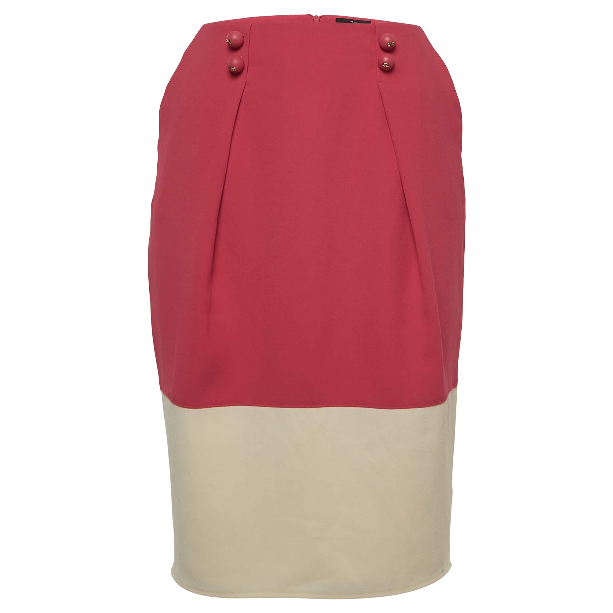 Elisabetta Franchi Pink/Cream Crepe Pleated Knee Length Skirt M For Sale