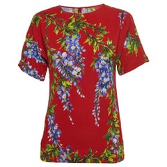 Dolce & Gabbana Red Floral Print Crepe Short Sleeve Blouse S