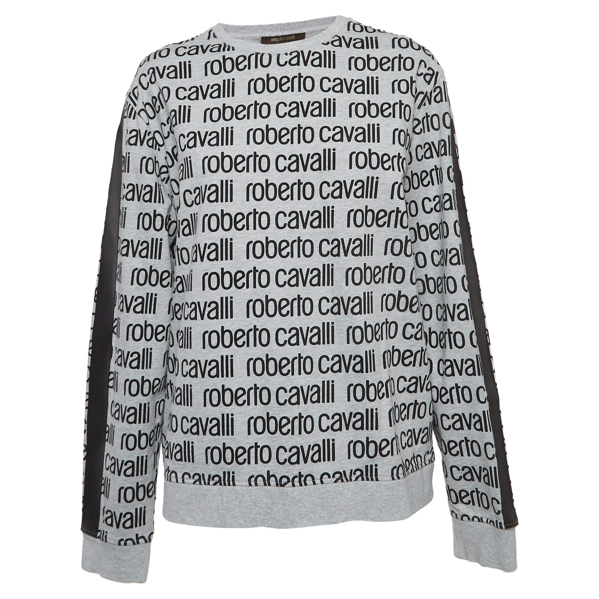 Roberto Cavalli Grey Logo Print Cotton Crew Neck Sweatshirt L For Sale