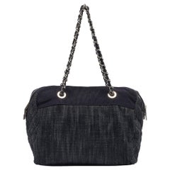 Chanel Dark Blue Quilted Denim Bowler Bag
