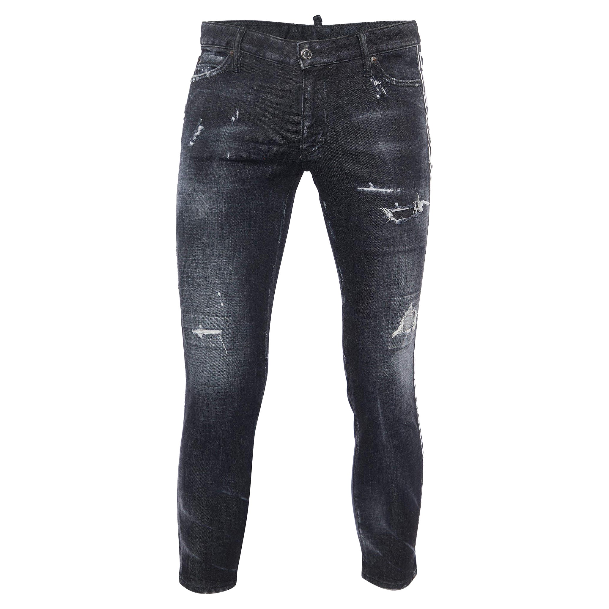 Dsquared2 Black Washed Denim Distressed Skinny Cropped Jeans L For Sale
