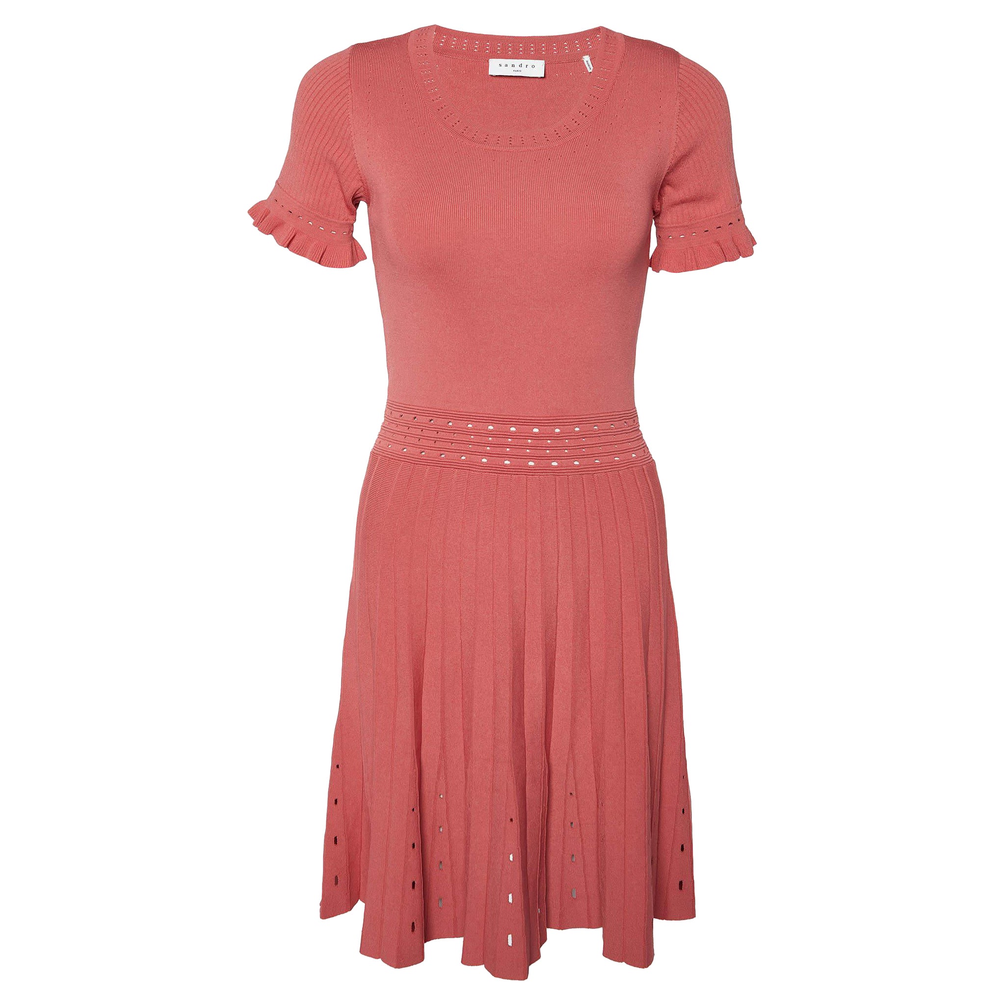 Sandro Coral Pink Eyelet Knit Etor Pleated Dress M For Sale