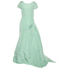 Oscar de la Renta Green Silk Pleat Detail Draped Gown L