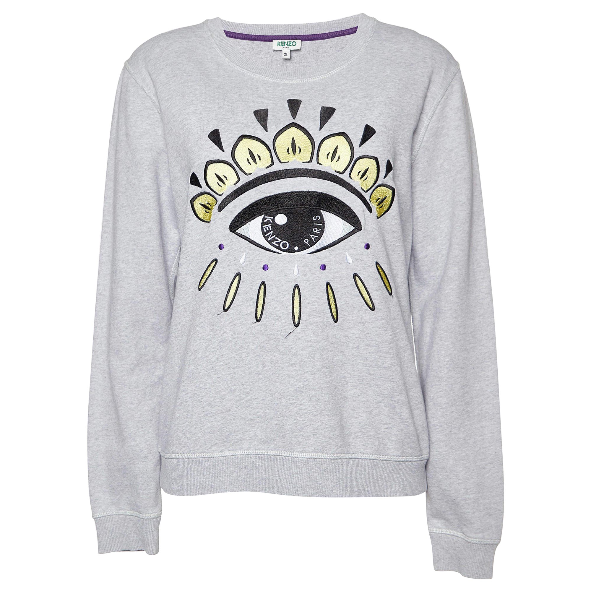 Kenzo Sweat-shirt gris brodé d'œils en coton XL