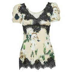 Dolce & Gabbana Pink Floral Printed Crepe & Lace Trim Blouse XS