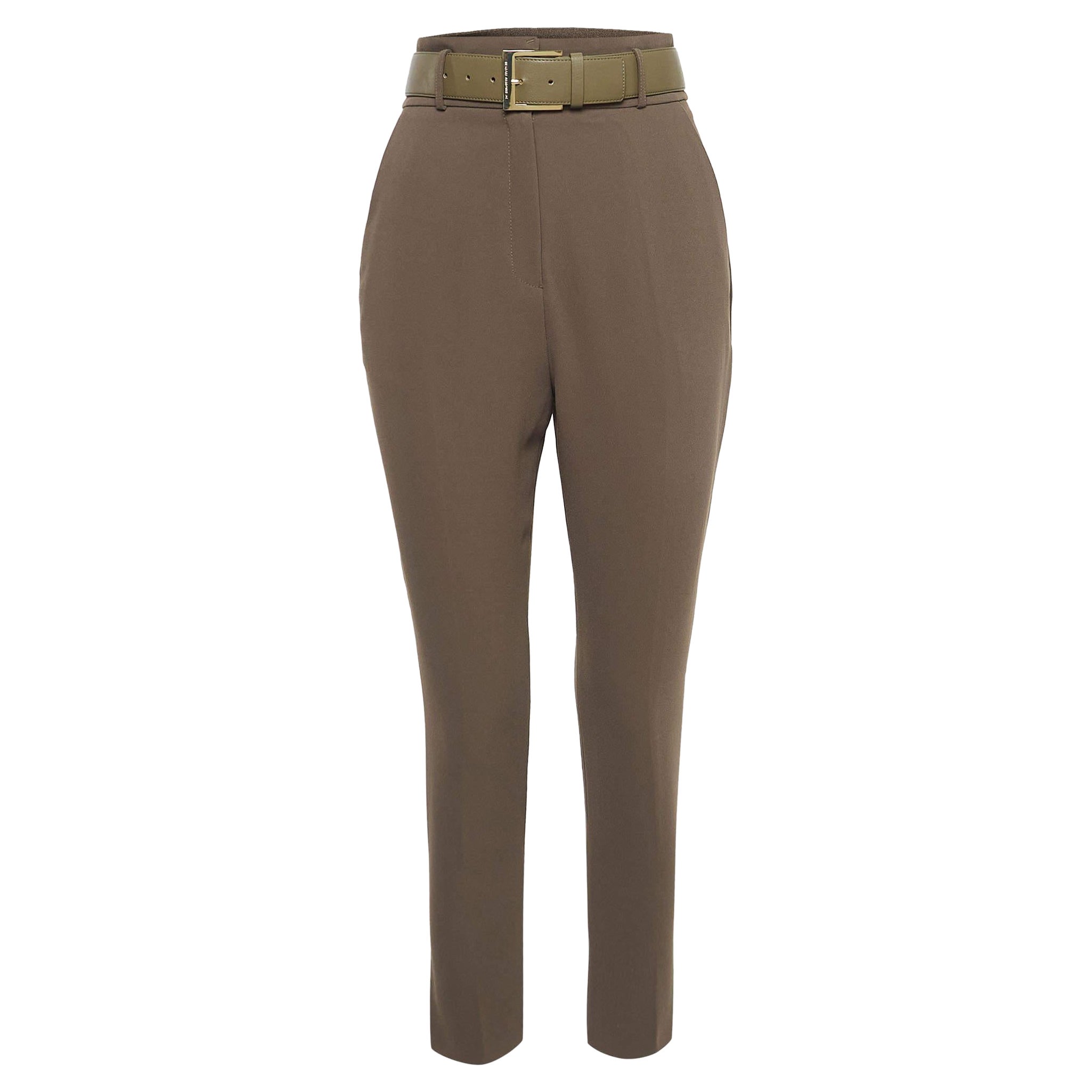 Elisabetta Franchi Olive Green Crepe Belted Slim Fit Trousers S For Sale