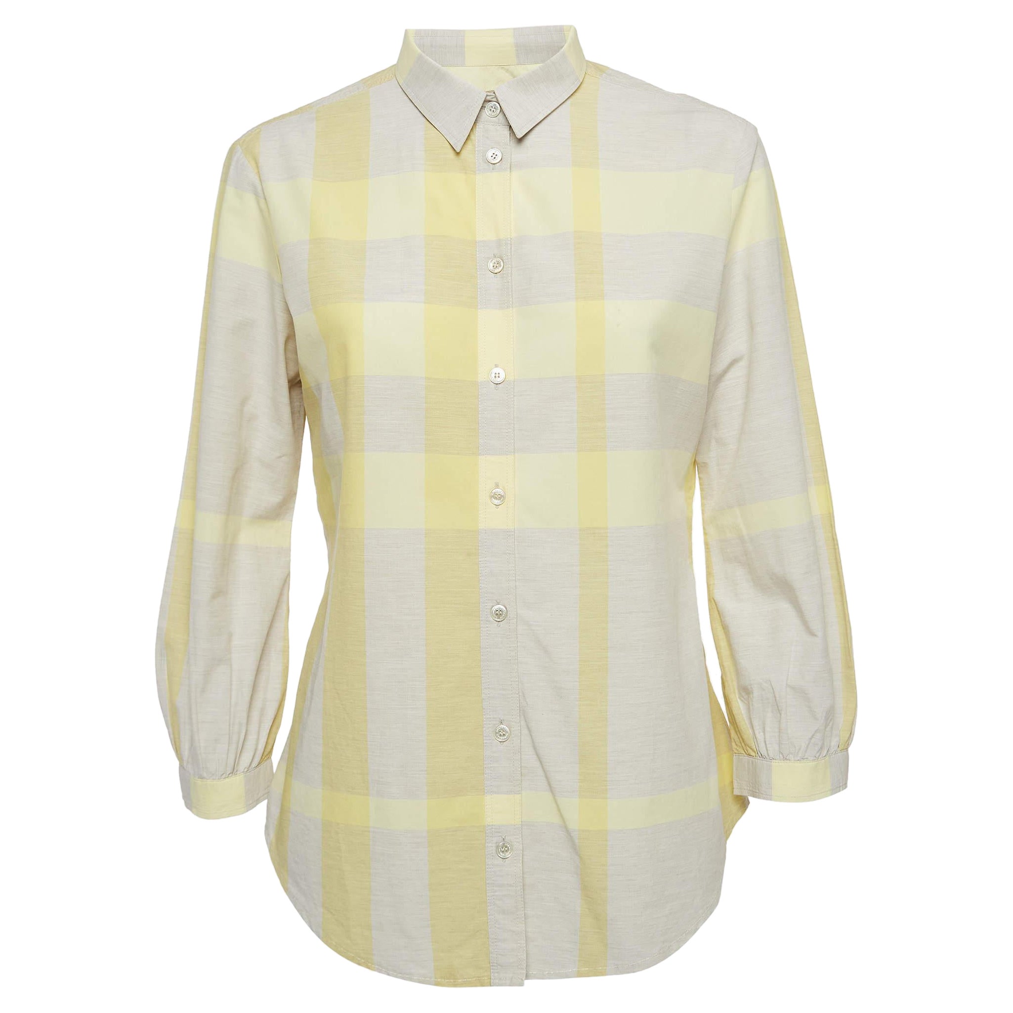 Burberry Brit Yellow Checked Cotton Three-Quarter Sleeve Shirt M For Sale