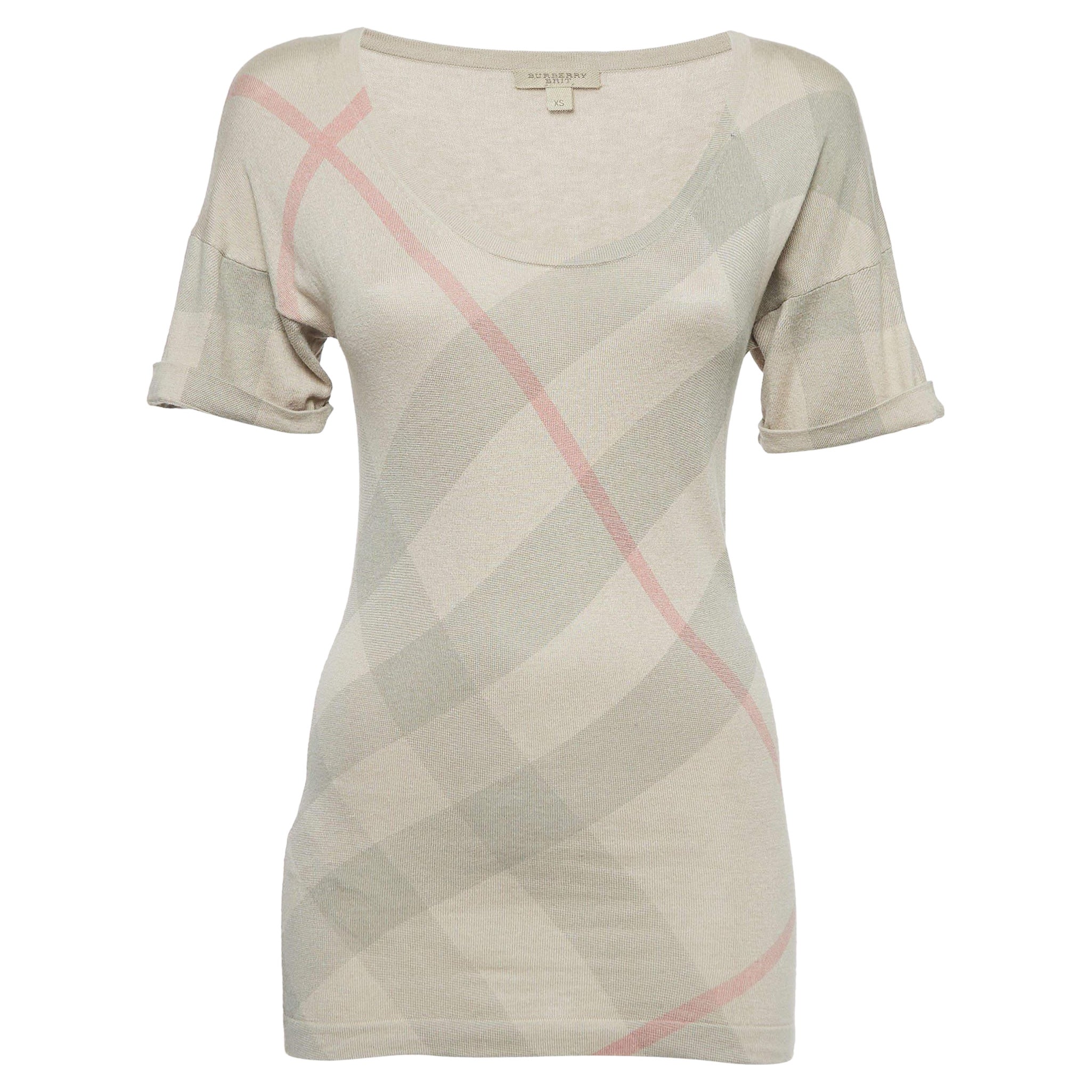 Burberry Brit Beige Checked Silk Blend Knit V-Neck T-Shirt XS For Sale