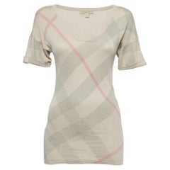 Burberry Brit Camiseta de cuello en V de punto de seda a cuadros beige XS