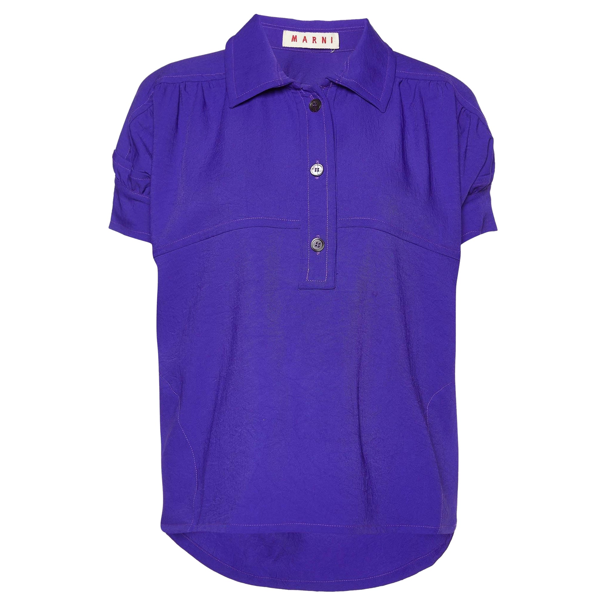 Marni Blue Crepe Puff Sleeve Shirt Blouse S For Sale