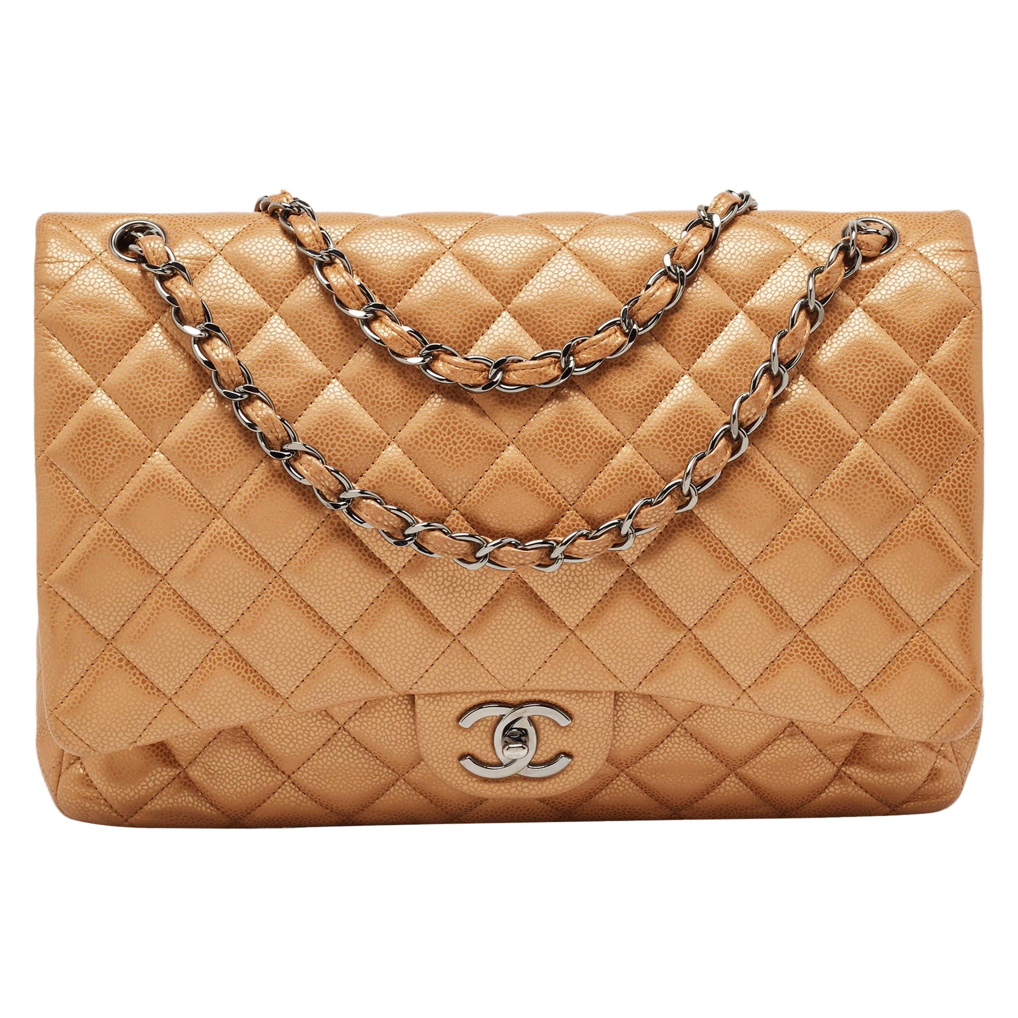 Chanel Orange Quilted Caviar Leather Maxi Classic Double Flap Bag For Sale