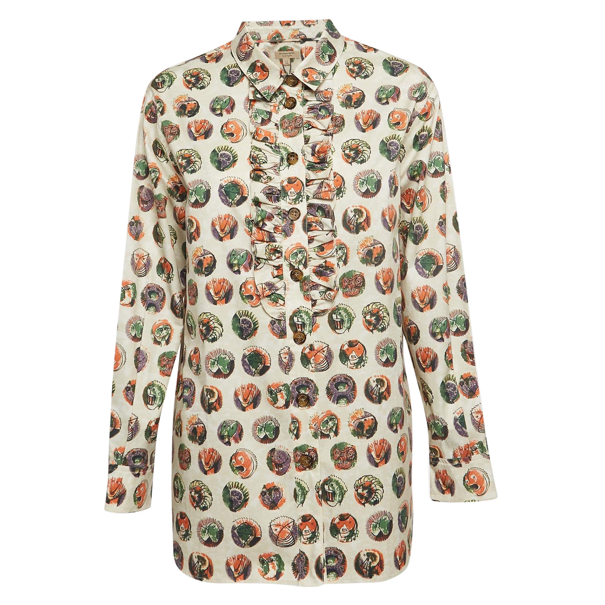 Burberry Beige Monster Mask Print Cotton Ruffle Detail Shirt M For Sale