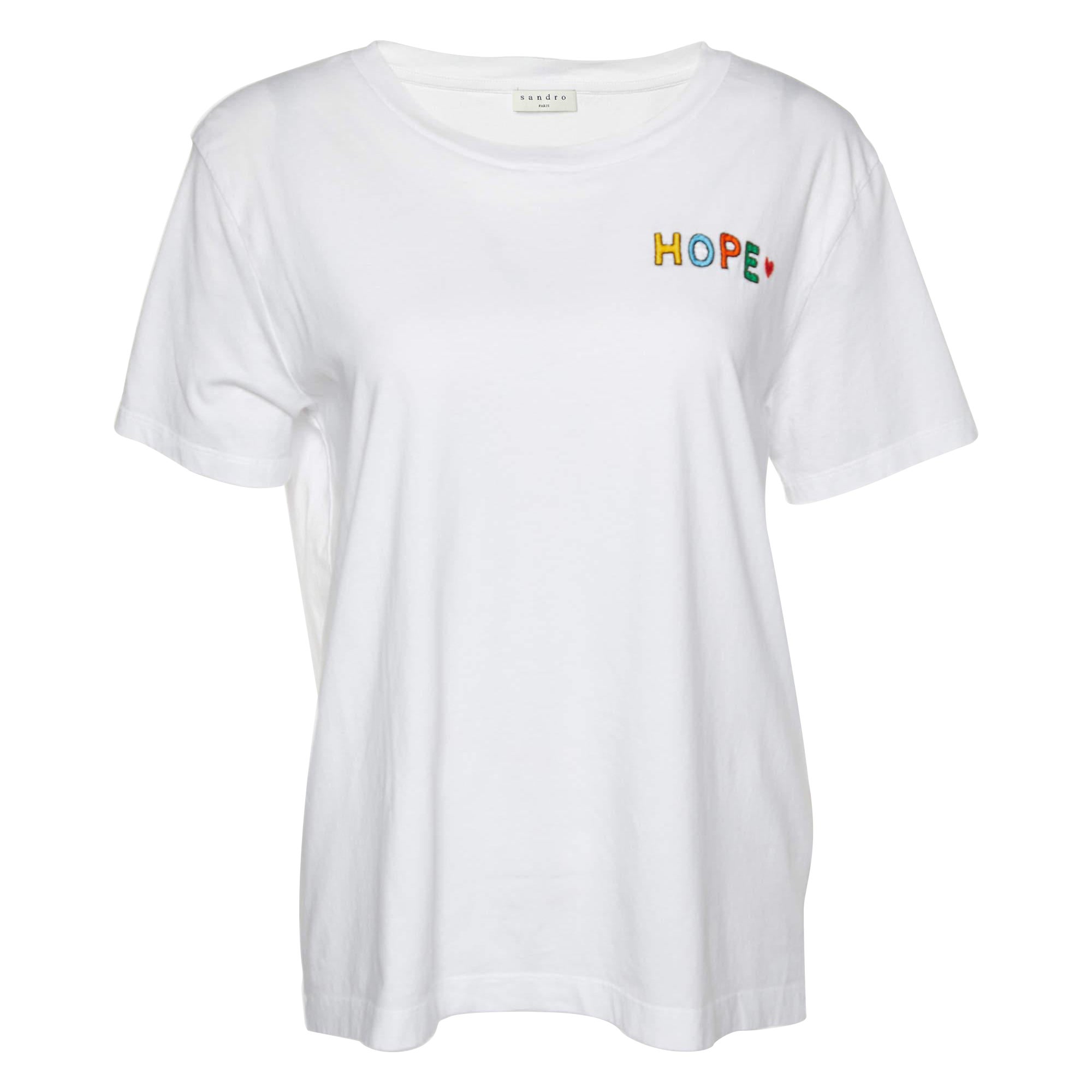 Sandro White Cotton Hope Embroidered Crew Neck T-Shirt S For Sale