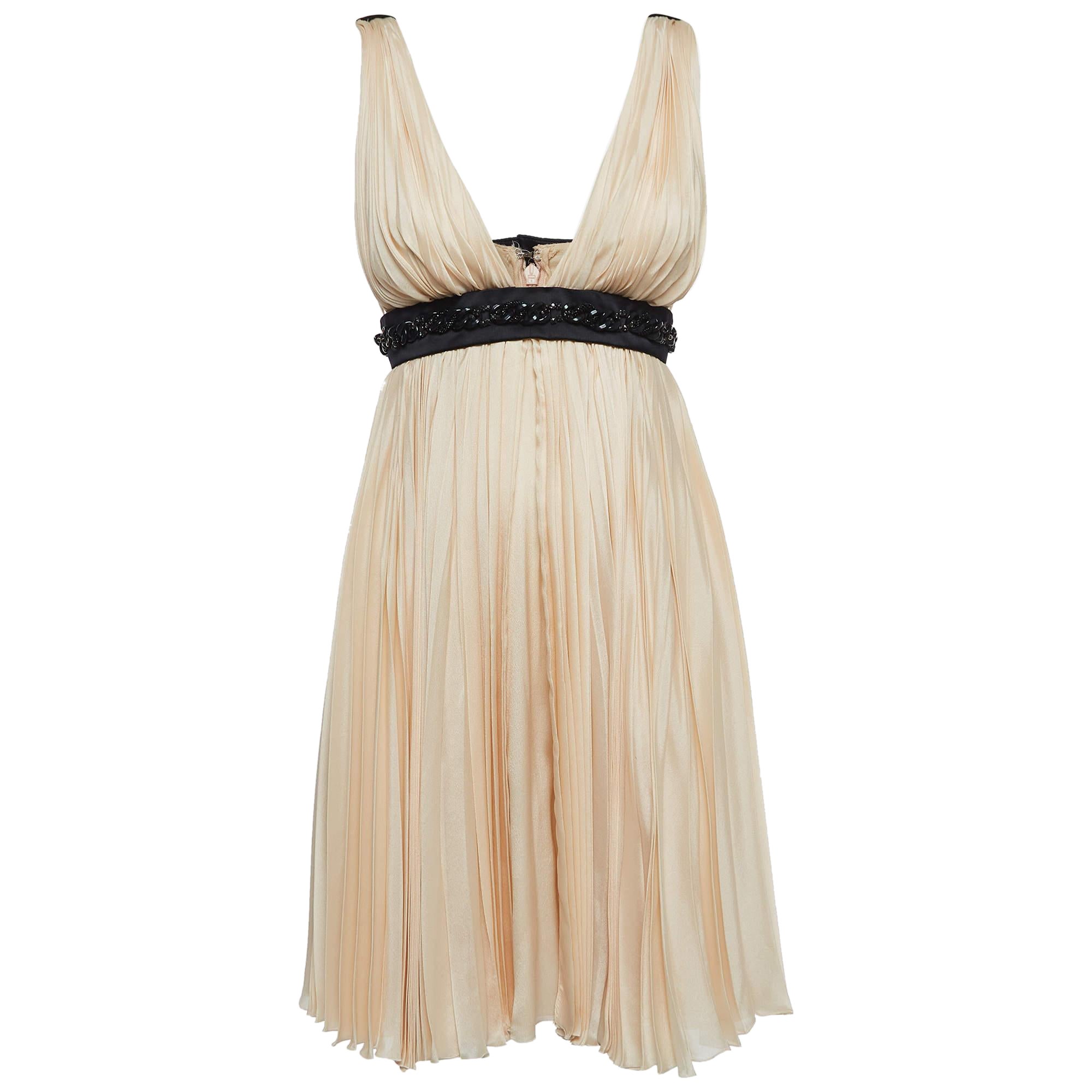 Dsquared2 Cream Silk Embellished Deep V-Neck Mini Dress S For Sale