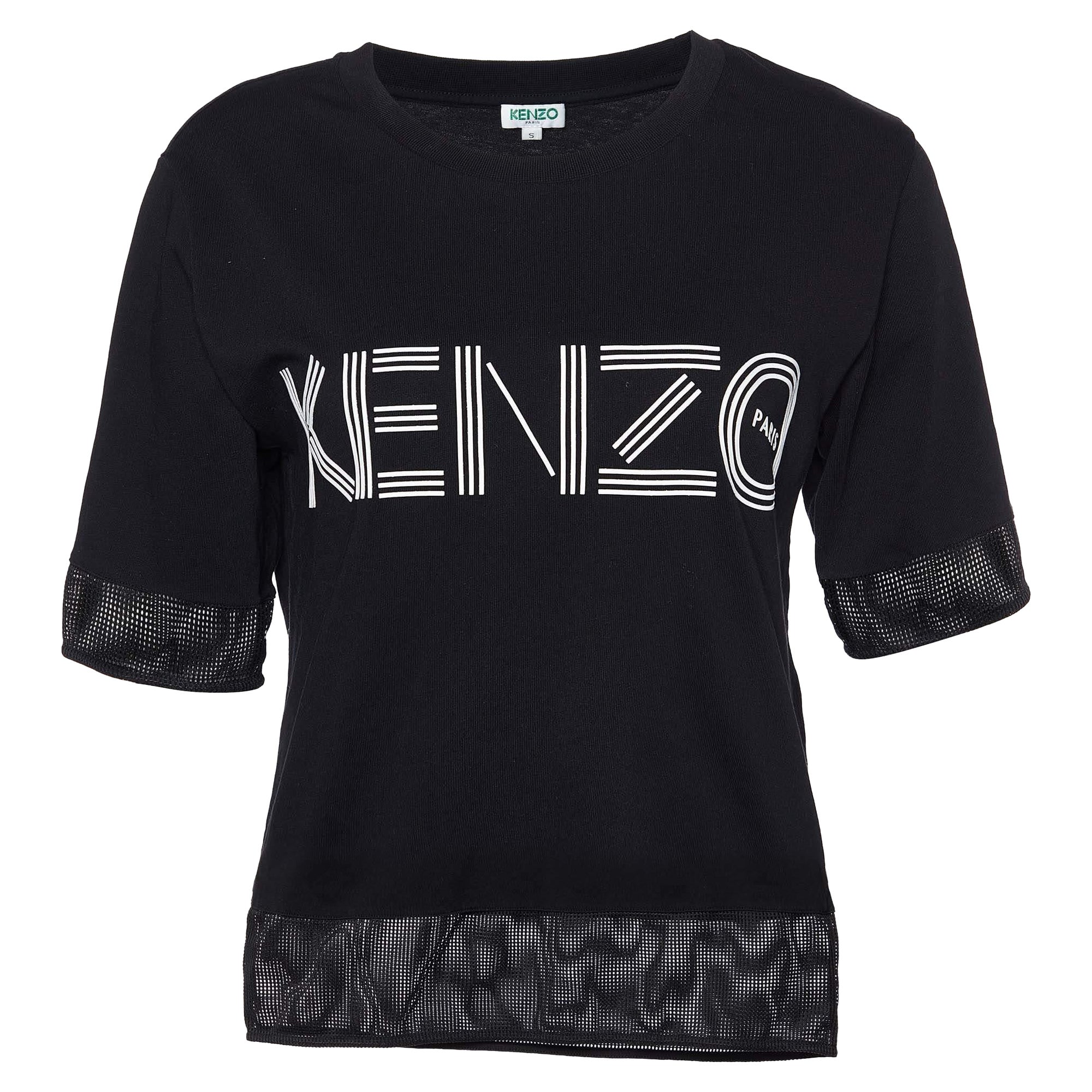 Kenzo Black Logo Print Cotton Mesh Detail T-Shirt S For Sale