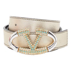 Valentino Gold/Black Leather Crystal Embellished V Logo Belt 90CM