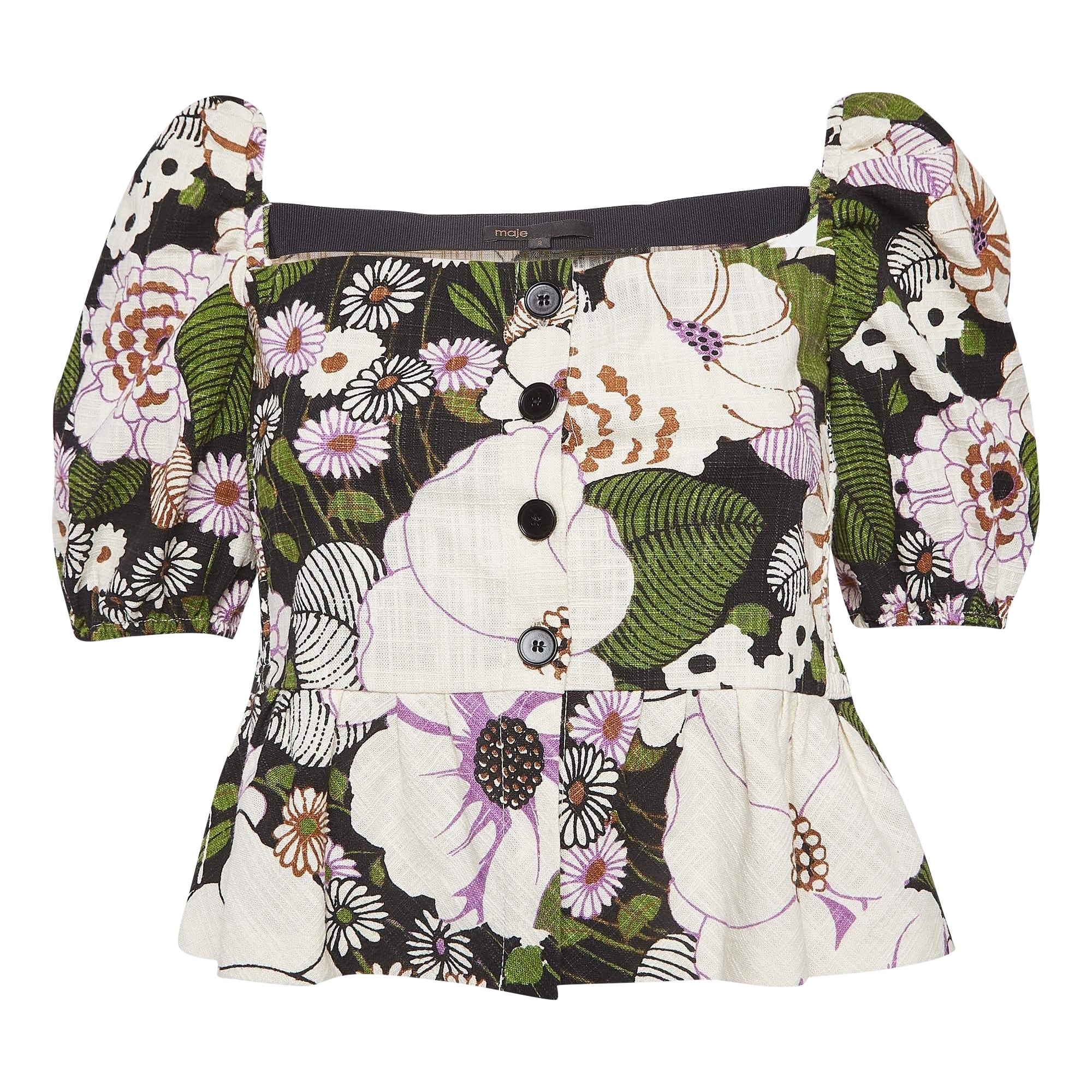 Maje Camicetta con bottoni in cotone con stampa floreale multicolore M. in vendita