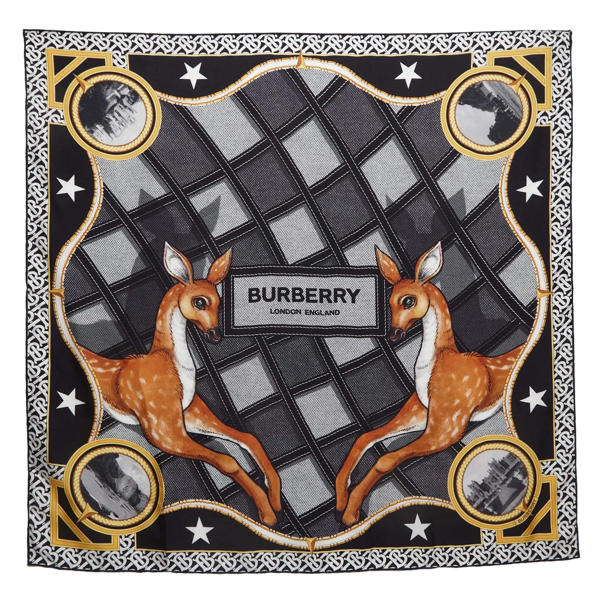 Burberry Black Deer Print Silk Square Scarf For Sale