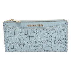 Michael Kors Light Blue Leather Lasercut Karson Slim Card Case