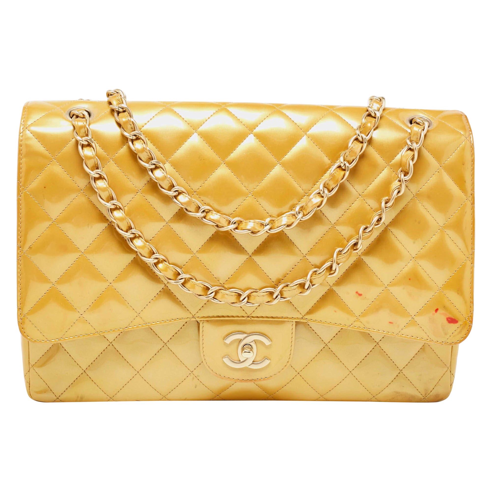 Chanel Gold Quilted Patent Leather Maxi Classic Single Flap Bag For Sale