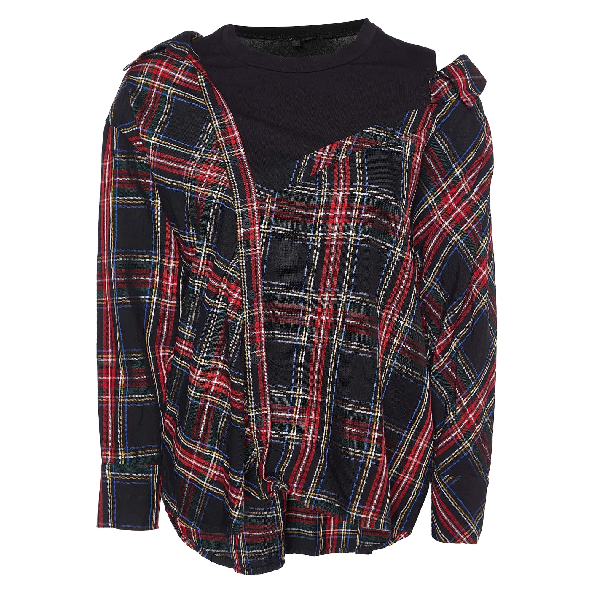 Maje Black Plaid Checked Asymmetric Shirt XS For Sale