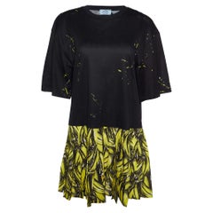 Prada Black Banana Print Cotton Peplum Dress M
