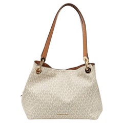 Michael Kors White/Brown Signature Coated Canvas and Leather Raven Shoulder Bag