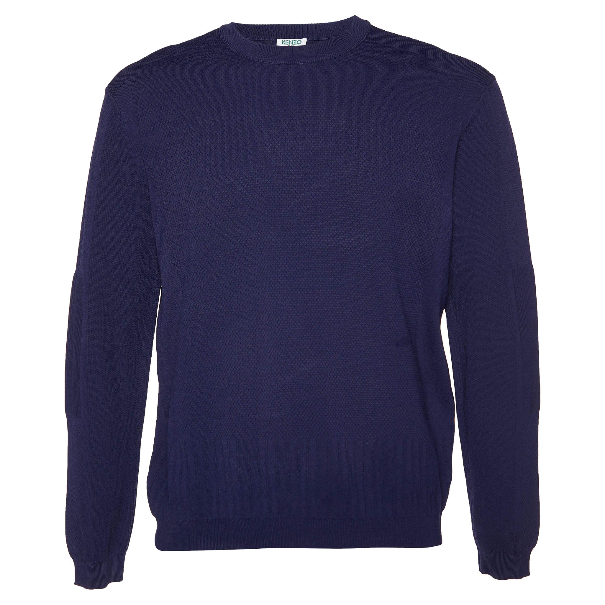 Kenzo Navy Blue Textured Knit Crew Neck Jumper XL For Sale