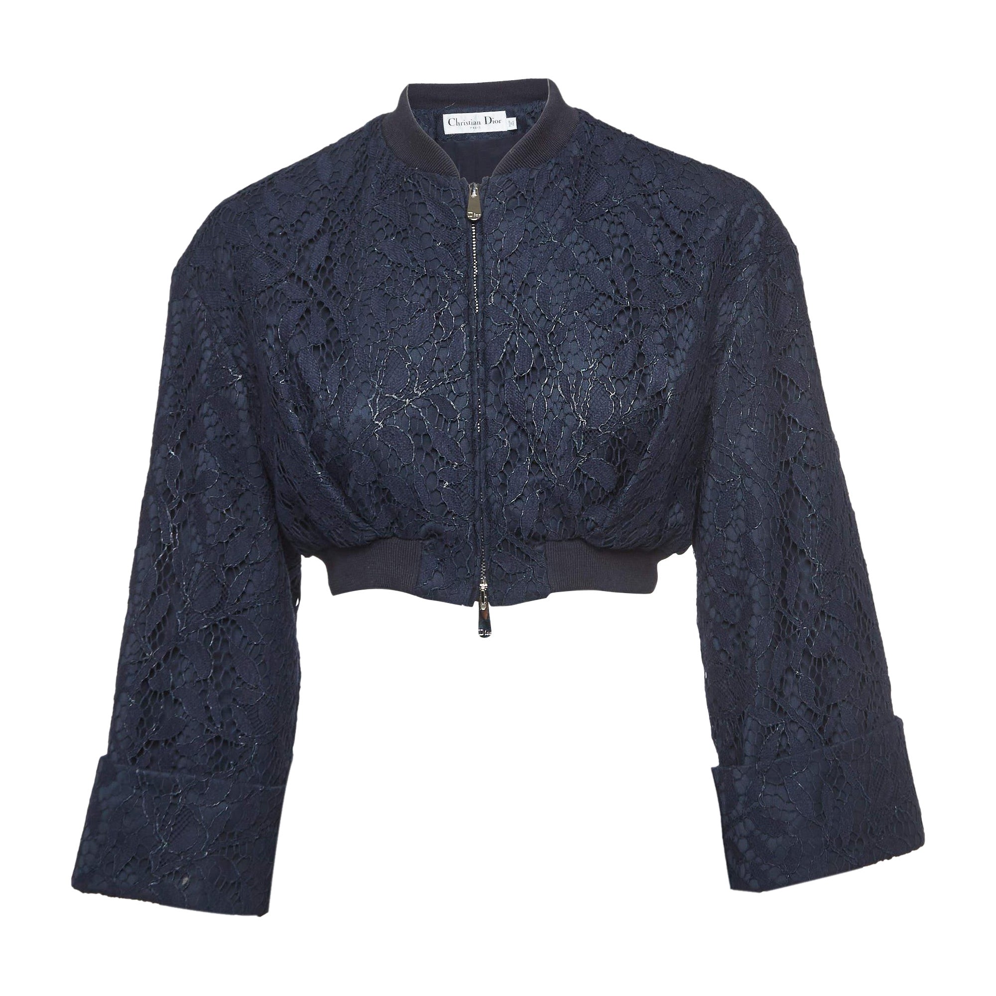 Veste courte Christian Dior bleu marine à fleurs en dentelle M