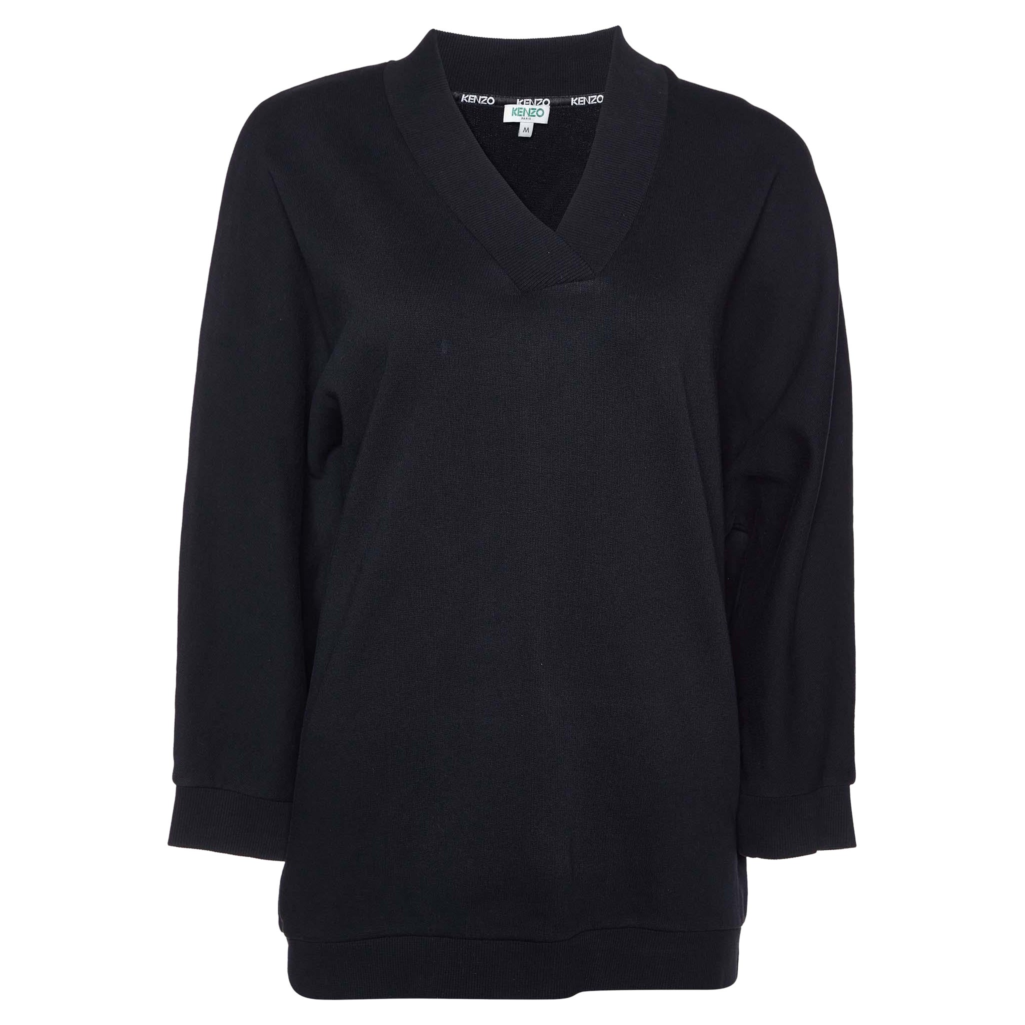 Kenzo Black Logo Print Cotton V-Neck Sweatshirt M For Sale