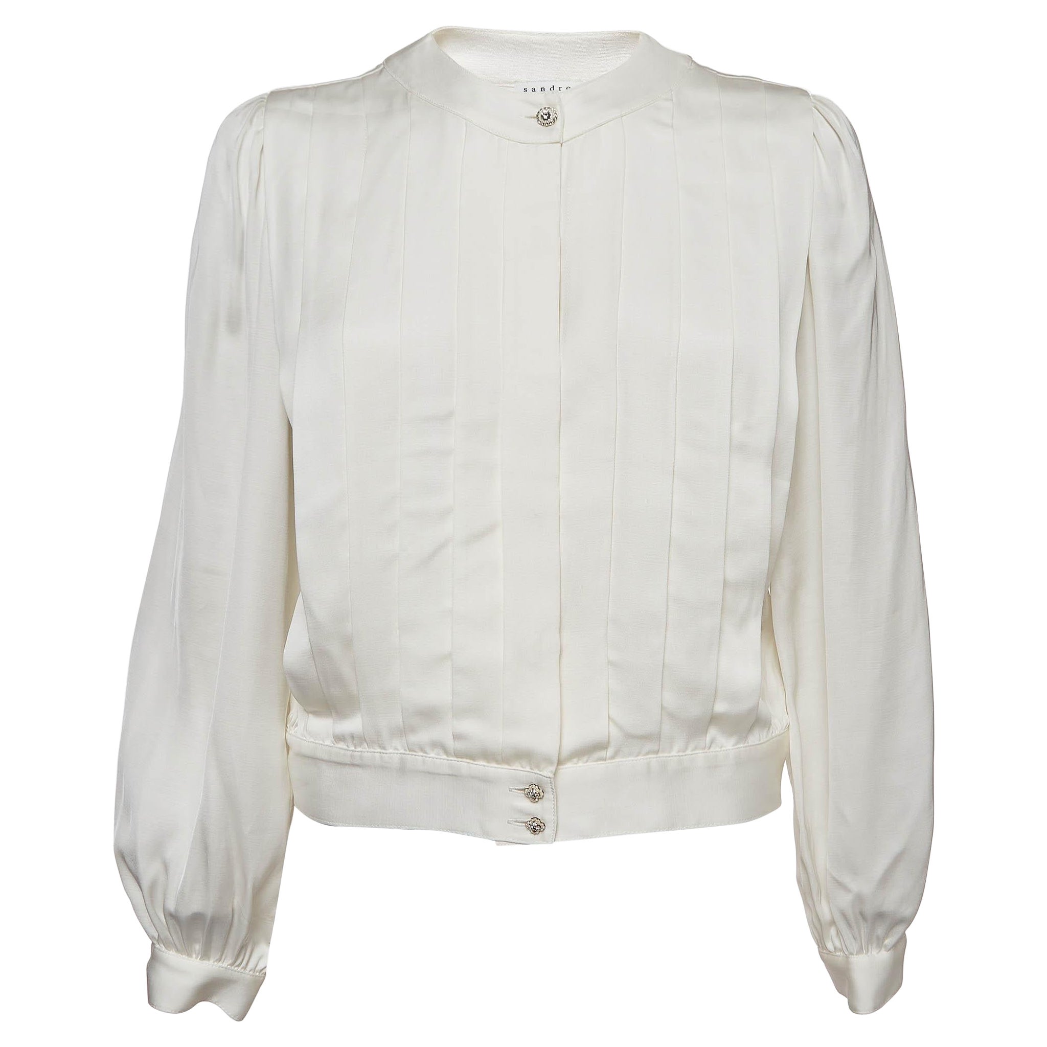 Sandro Off-White Satin Pleated Blouse S For Sale