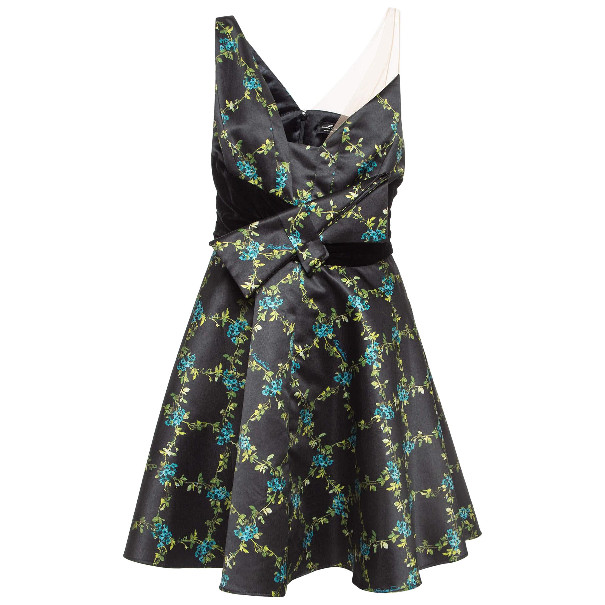 Elisabetta Franchi Black Floral Print Satin Fit and Flare Dress M For Sale