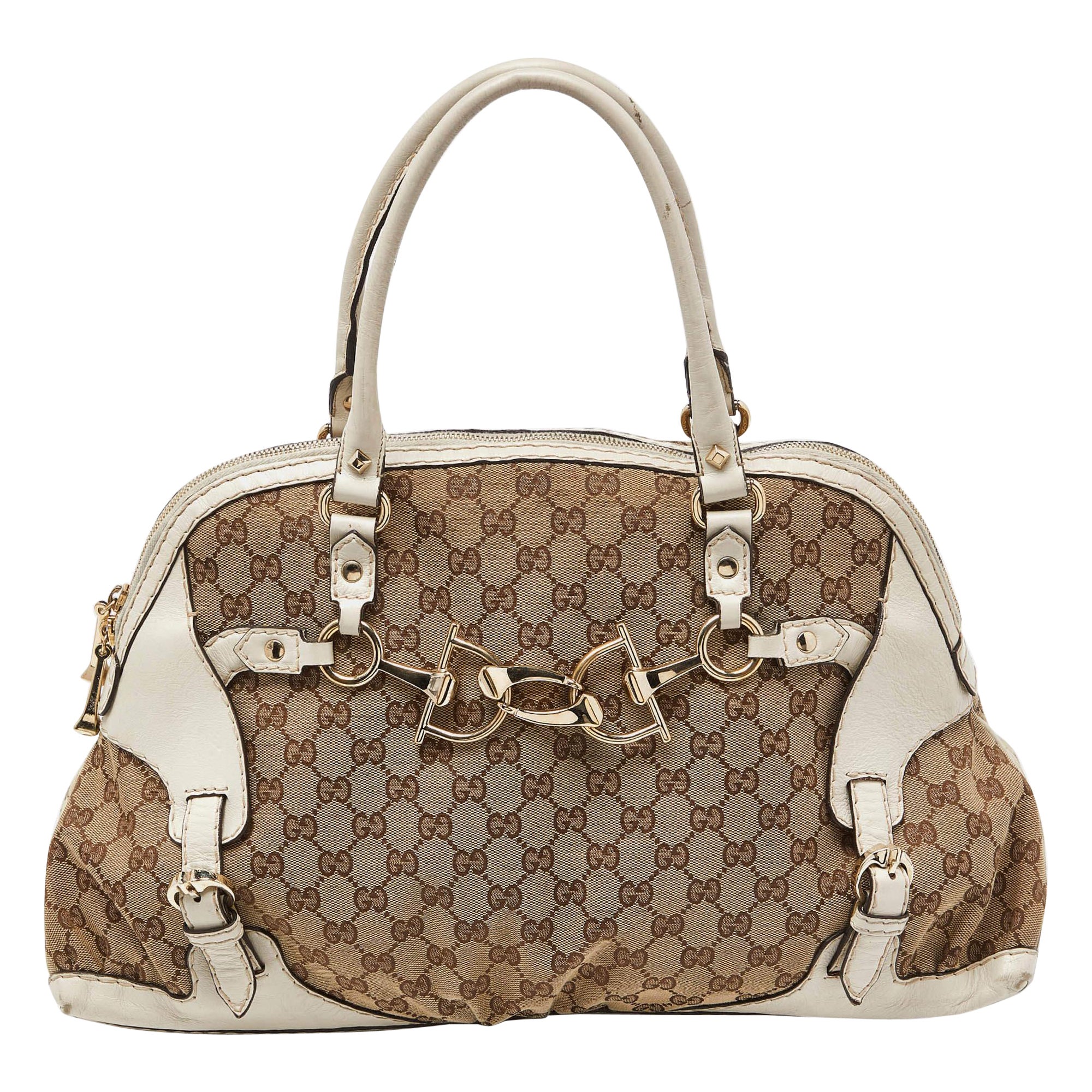 Gucci Beige/Off White GG Canvas and Leather Bag For Sale