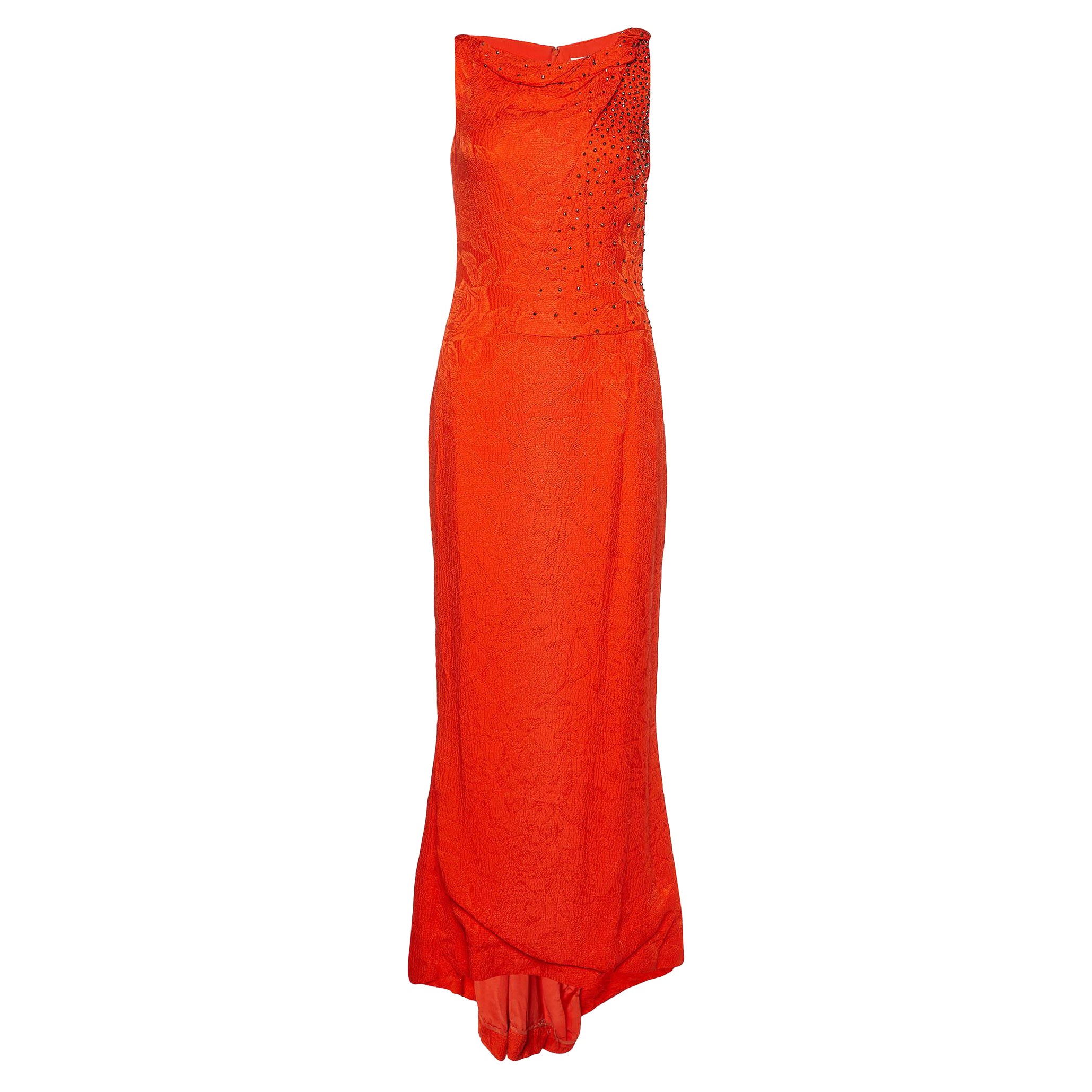Carolina Herrera Orange Crinkled Silk Embellished Maxi Dress S For Sale