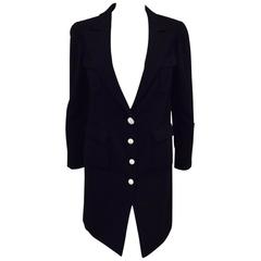 Chanel Spring 2007 Black Wool Blend Longer Length Jacket/Ivory Logo Buttons