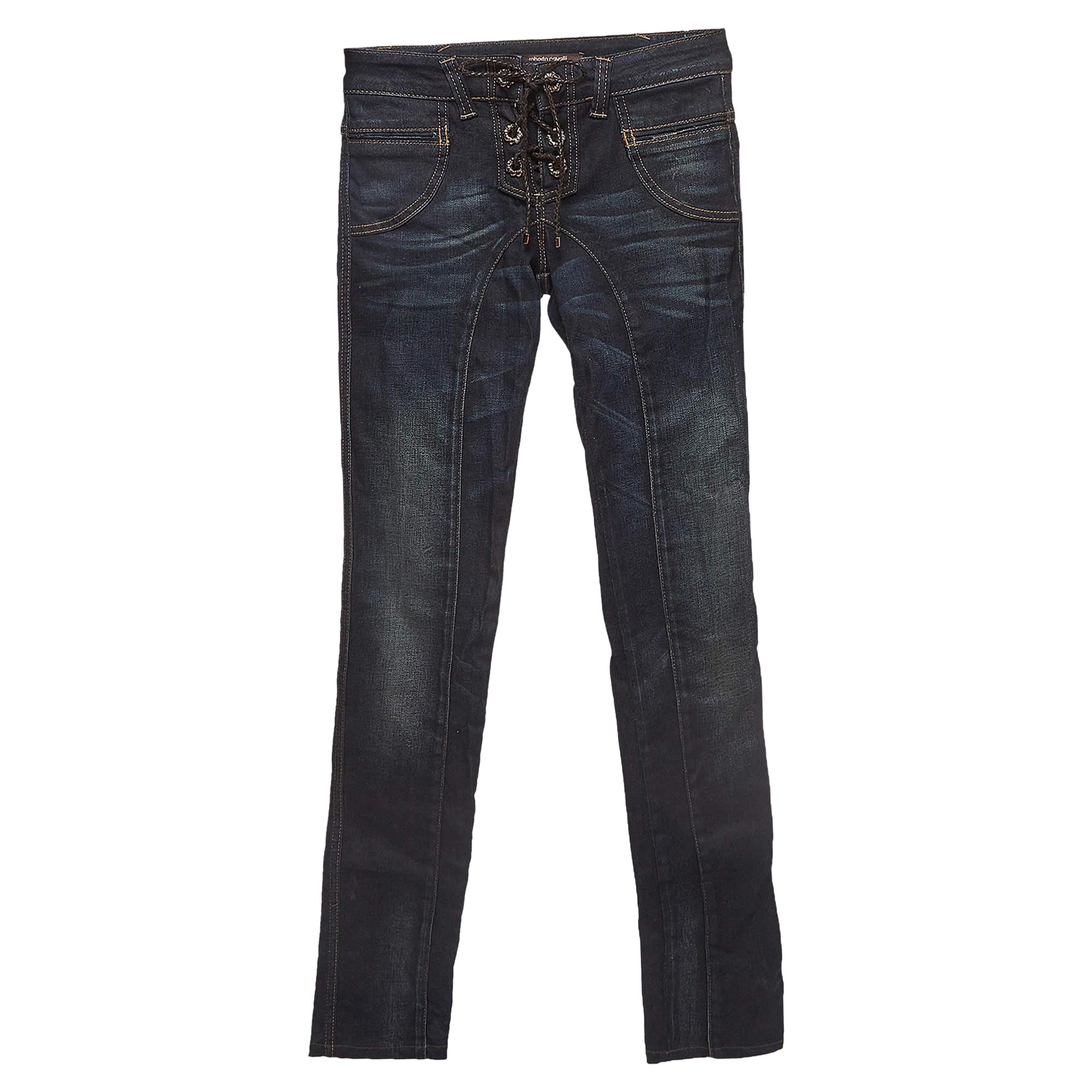 Roberto Cavalli Navy Blue Faded Denim Lace-Ip Detail Jeans S Waist 27'' For Sale