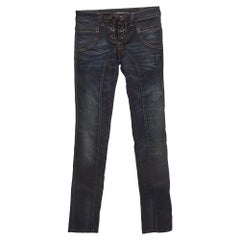 Roberto Cavalli Jeans bleu marine délavé avec détail en dentelle, taille S 27''