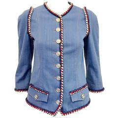 Chanel Blue Cotton Chambray Fitted Jacket W Red White and Blue Braid Trim