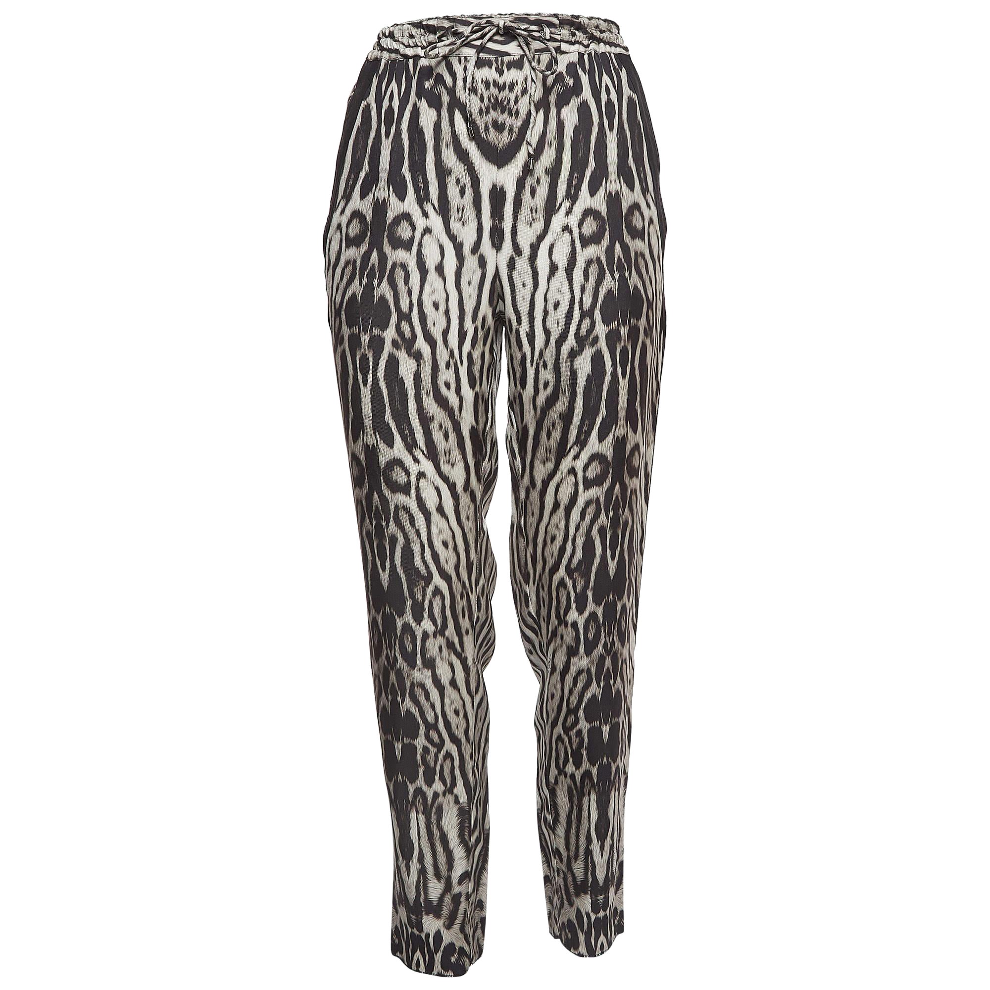 Roberto Cavalli Black Leopard Print Silk Drawstring Waist Trousers M