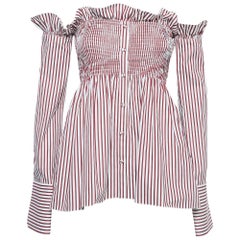 Victoria Victoria Beckham White/Red Striped Cotton Off-Shoulder Blouse S.