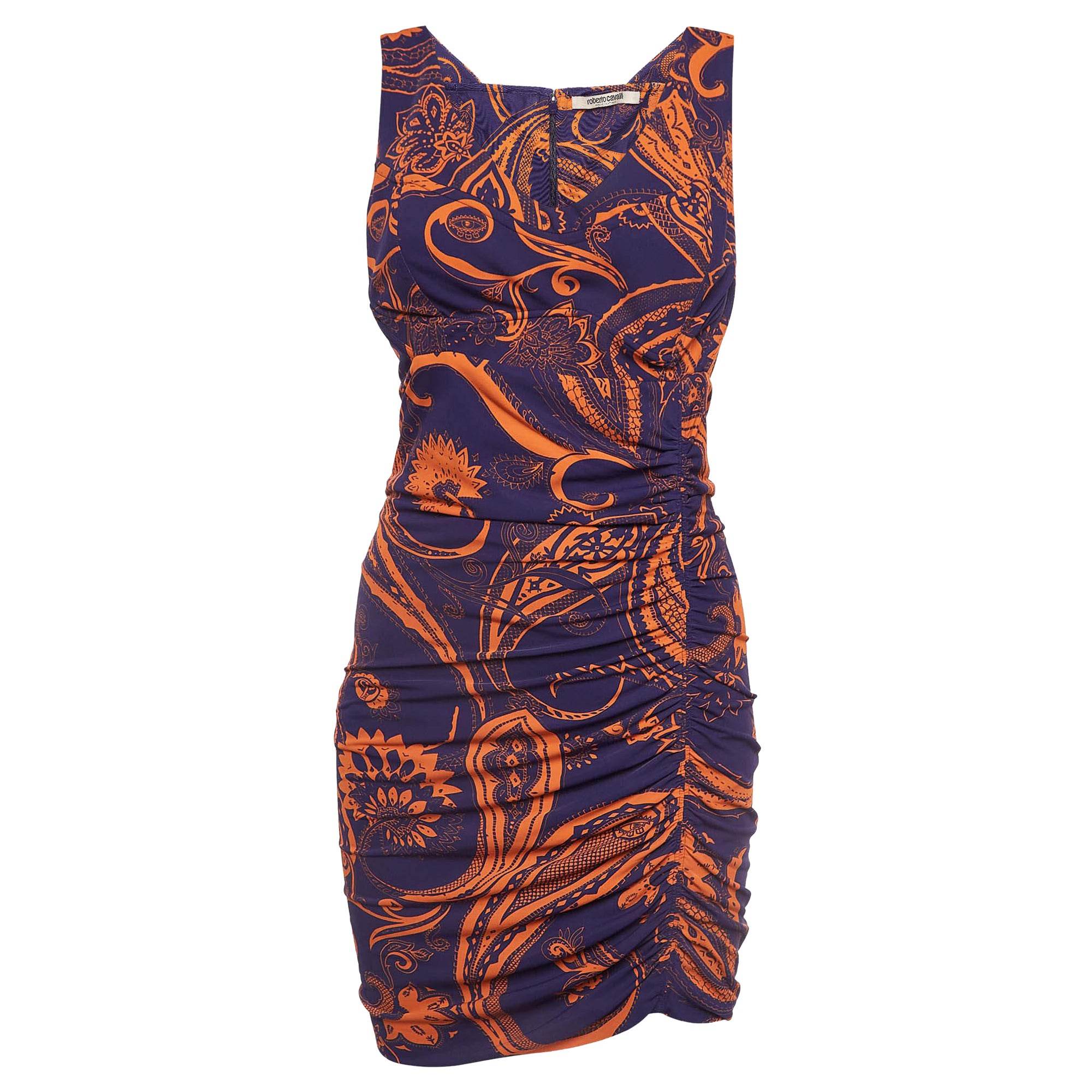 Roberto Cavalli Purple and Orange Printed Jersey Ruched Mini Dress M For Sale